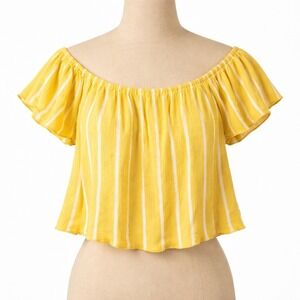 Y2K Forever 21 Striped Cropped Peasant Top Size S Butter Yellow Beach Vacation